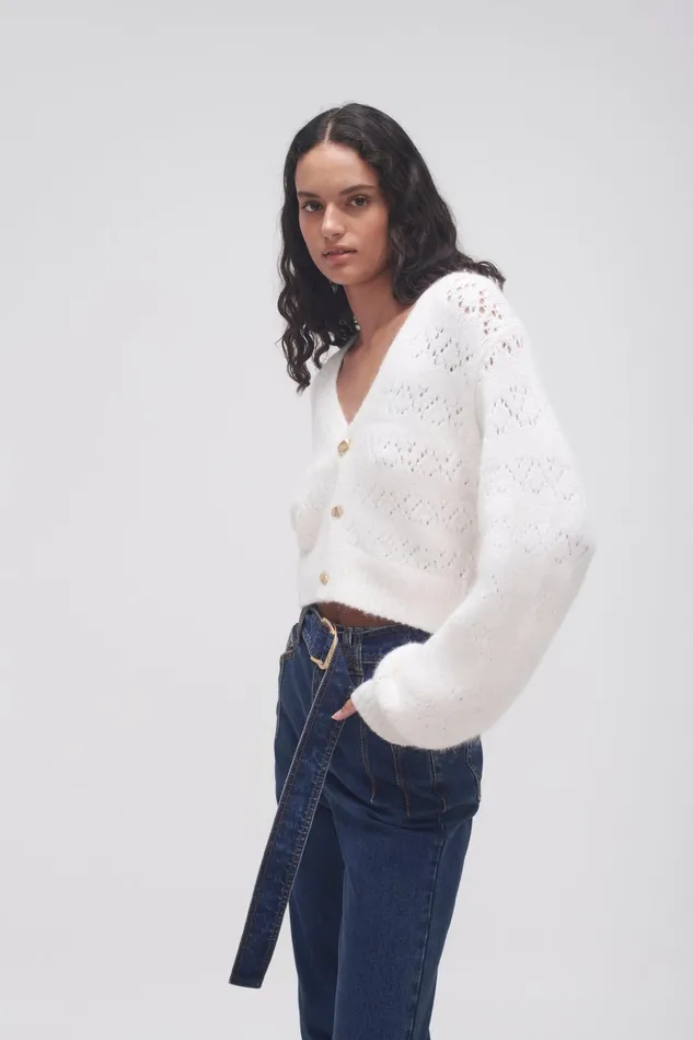 Aje Grooves Lace Stitch Cardigan Ivory Women Knitwear and Jumpers