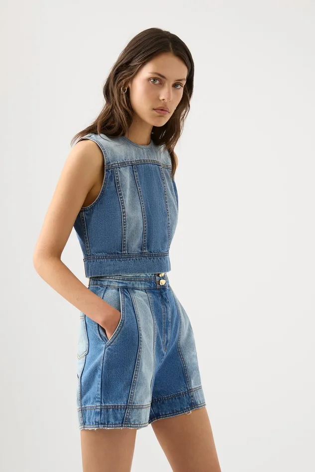 Aje Ines Panelled Denim Shell Top Twin Tone Indigo Women Denim