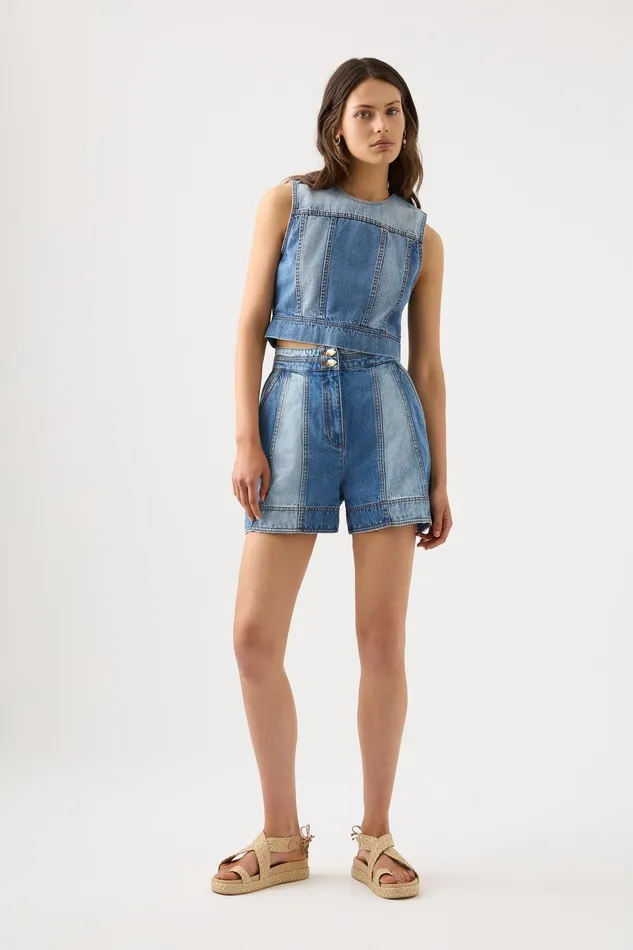 Aje Ines Panelled Denim Shell Top Twin Tone Indigo Women Denim