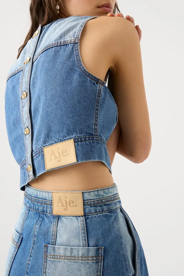 Aje Ines Panelled Denim Shell Top Twin Tone Indigo Women Denim