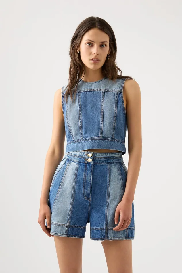 Aje Ines Panelled Denim Shell Top Twin Tone Indigo Women Denim