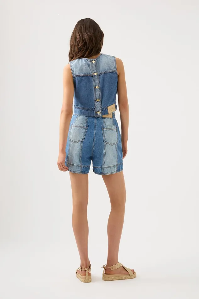 Aje Ines Panelled Denim Shell Top Twin Tone Indigo Women Denim