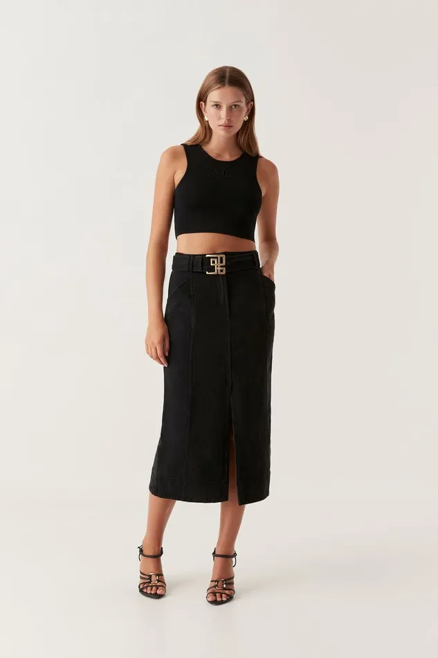 Aje Lola Denim Midi Skirt Black Women Denim