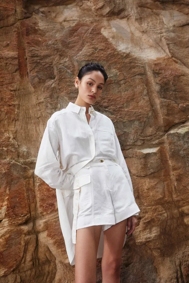 Aje Maggie Logo Split Shirt Ivory Women Tops