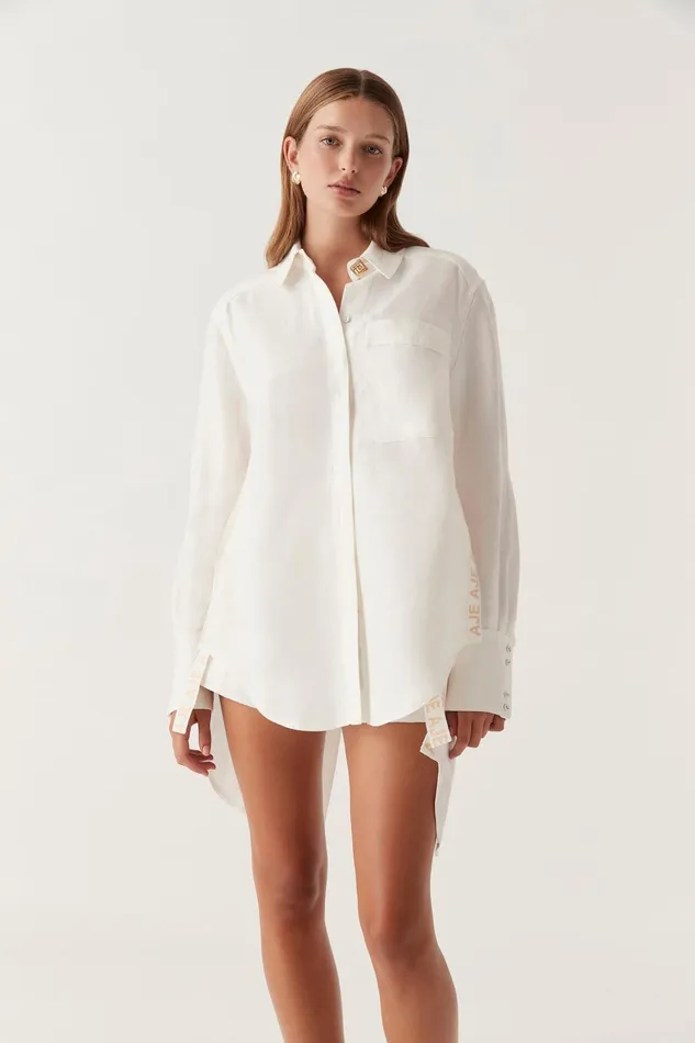 Aje Maggie Logo Split Shirt Ivory Women Tops