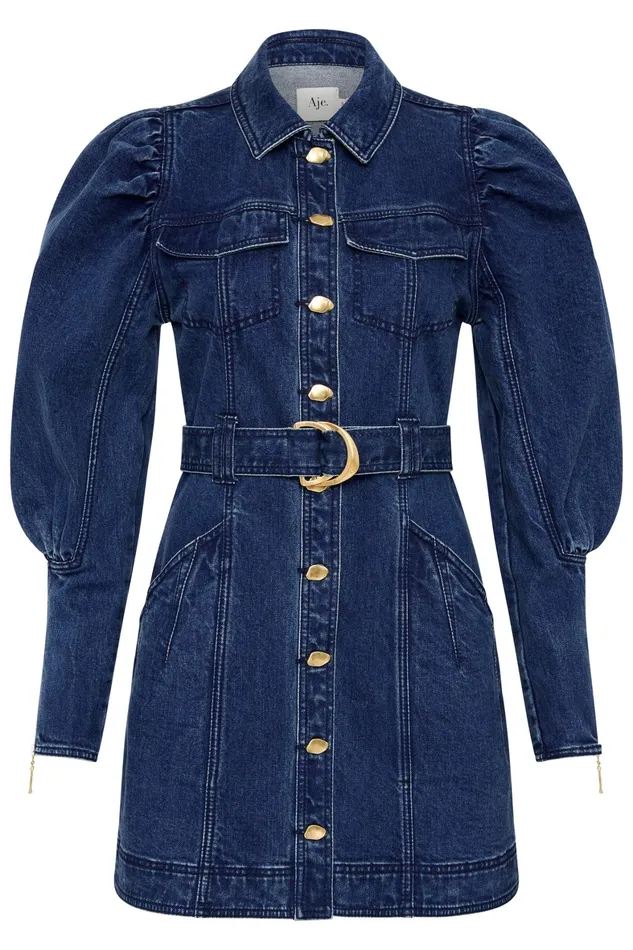 Aje May Denim Long Sleeve Dress Dark Indigo Women Denim