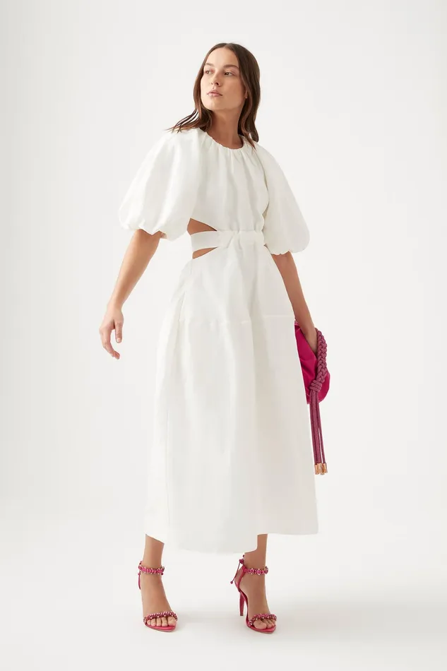 Aje Mimosa Cut Out Midi Dress Ivory Women Dresses