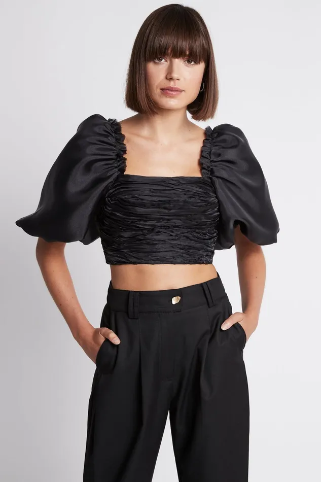 Aje Myriad Puff Sleeve Cropped Top Black Women Tops