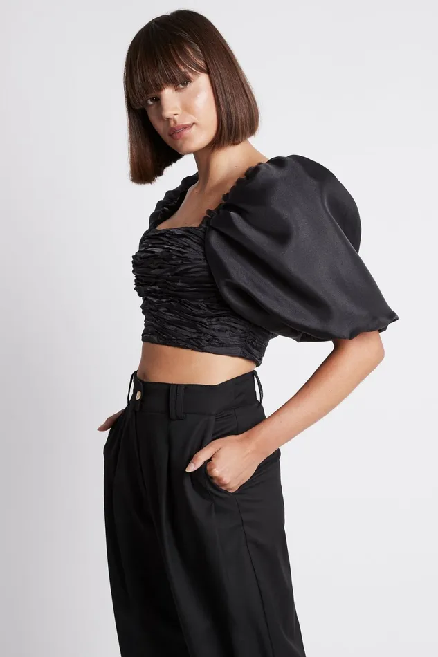 Aje Myriad Puff Sleeve Cropped Top Black Women Tops