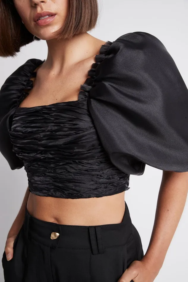 Aje Myriad Puff Sleeve Cropped Top Black Women Tops