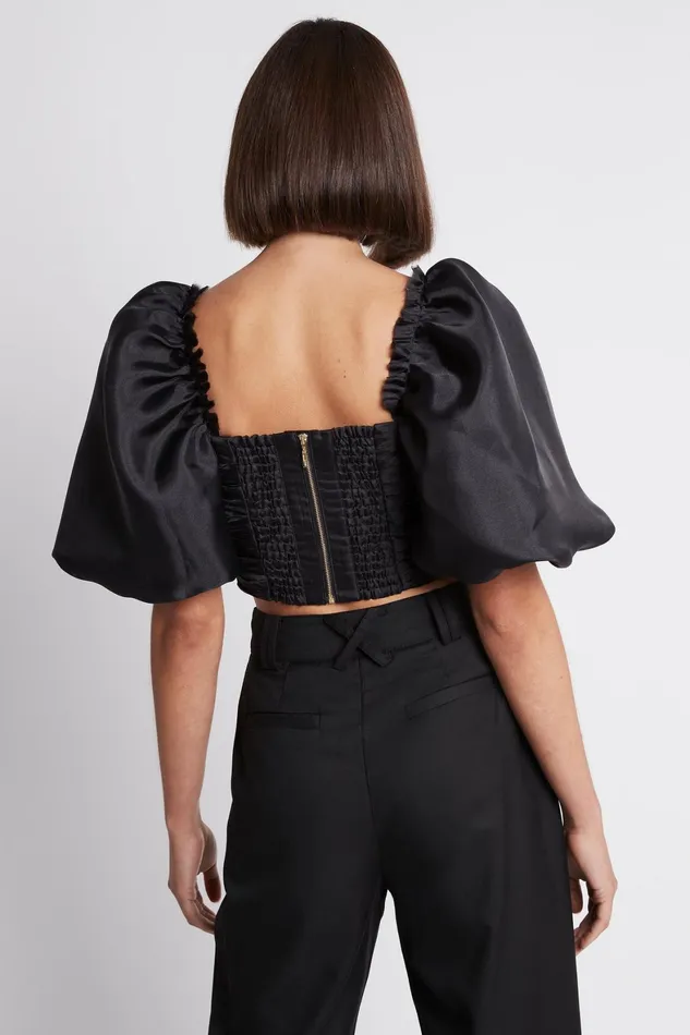 Aje Myriad Puff Sleeve Cropped Top Black Women Tops