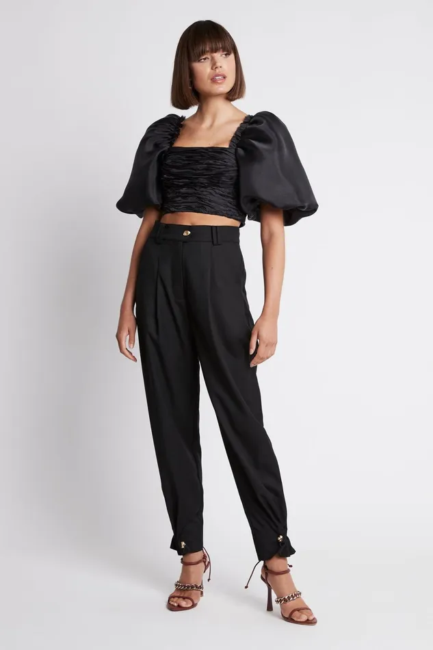Aje Myriad Puff Sleeve Cropped Top Black Women Tops