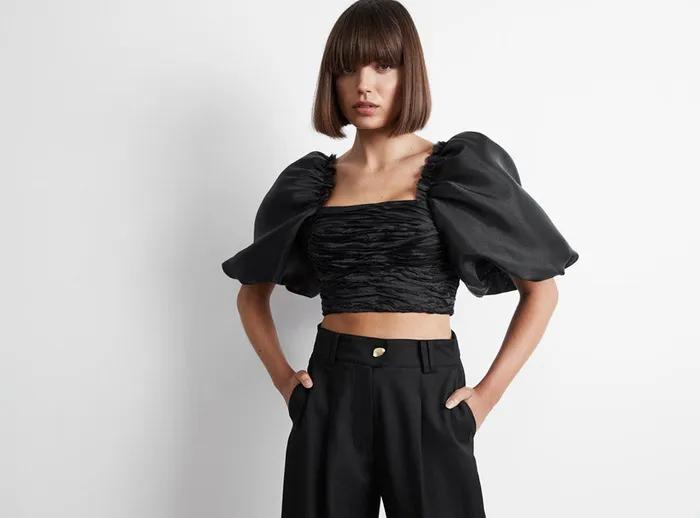 Aje Myriad Puff Sleeve Cropped Top Black Women Tops
