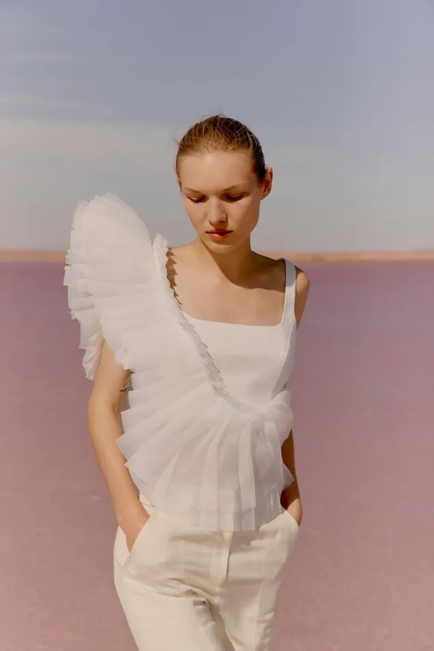 Aje Orbit Sculptural Pleated Top Ivory Women Tops