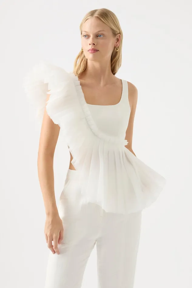 Aje Orbit Sculptural Pleated Top Ivory Women Tops