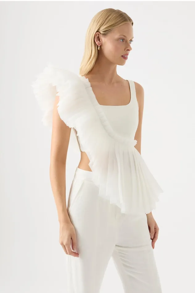 Aje Orbit Sculptural Pleated Top Ivory Women Tops