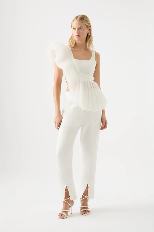Aje Orbit Sculptural Pleated Top Ivory Women Tops