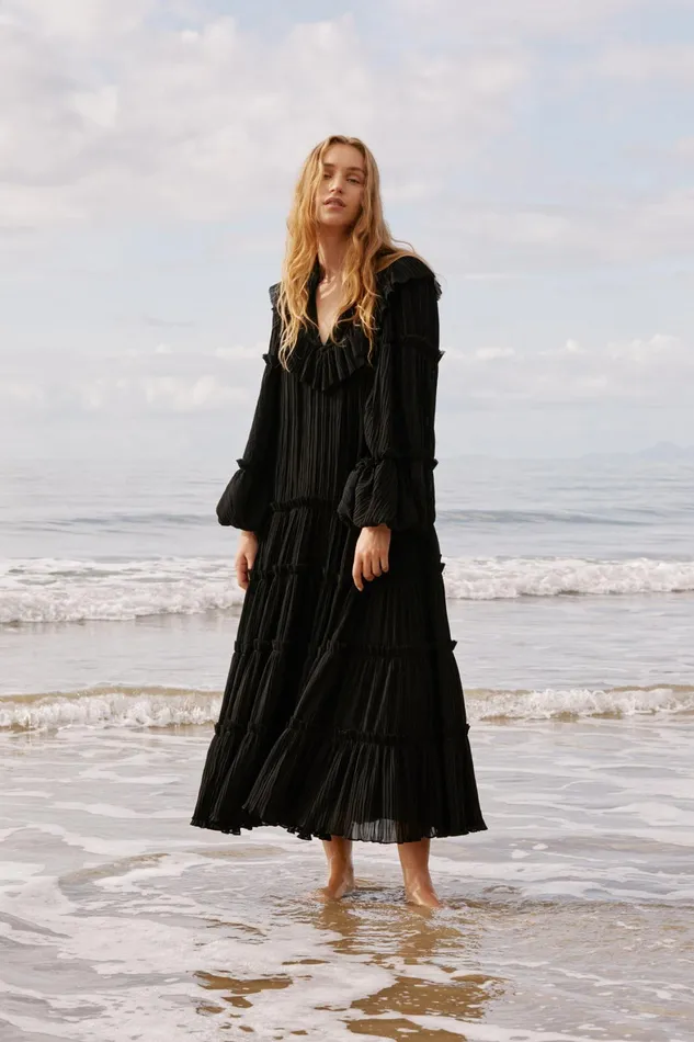 Aje Robyn Tiered Midi Dress Black Women Dresses