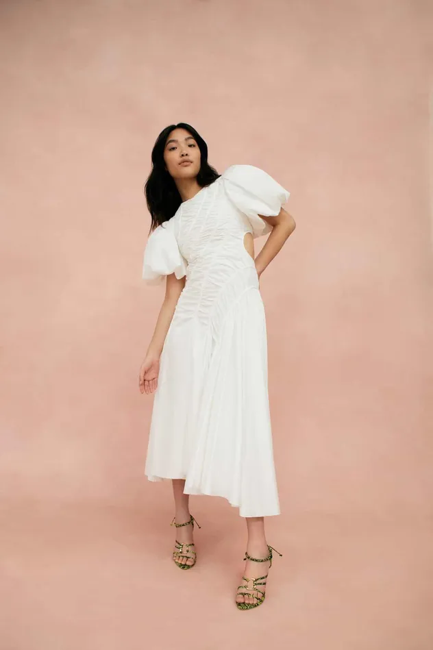 Aje Siren Drawstring Midi Dress Ivory Women Dresses