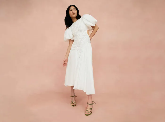Aje Siren Drawstring Midi Dress Ivory Women Dresses