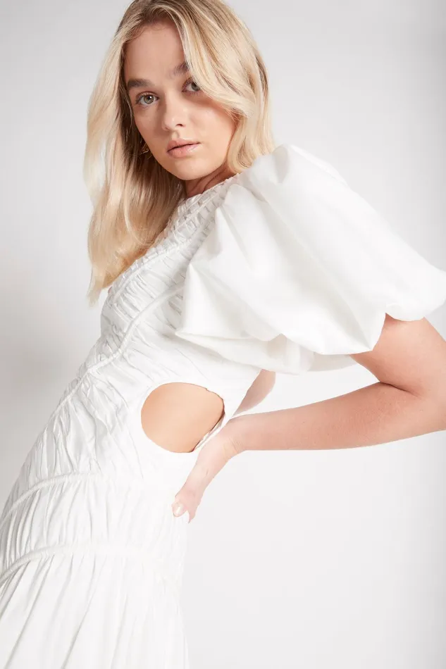 Aje Siren Drawstring Midi Dress Ivory Women Dresses