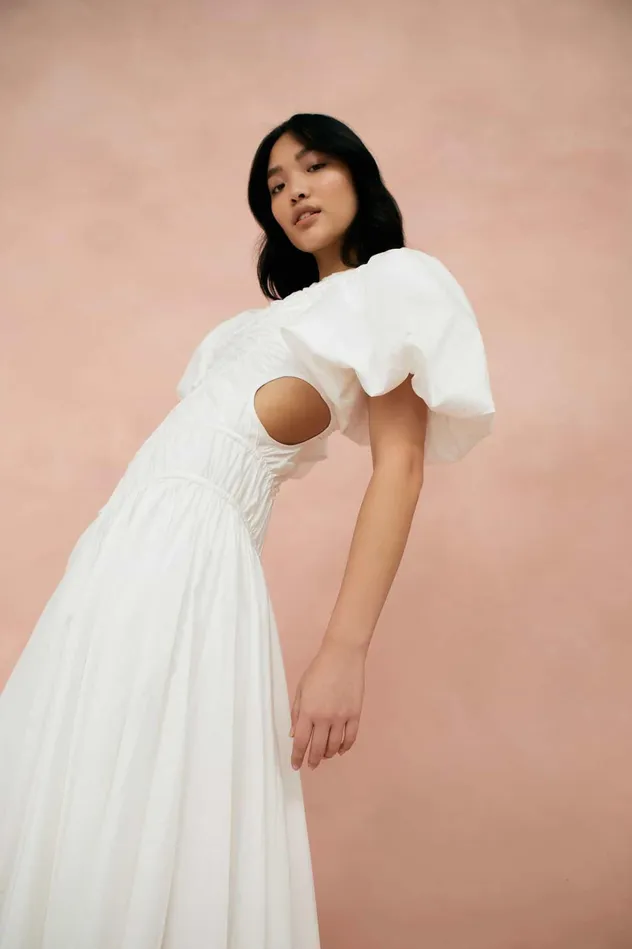 Aje Siren Drawstring Midi Dress Ivory Women Dresses