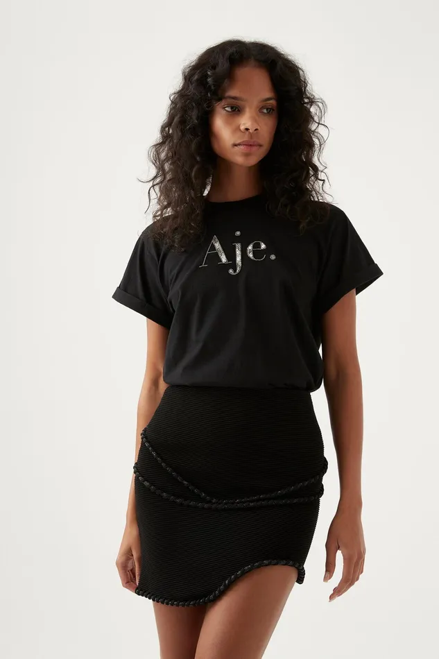 Aje Undulating Knit Mini Skirt Black Women Skirts