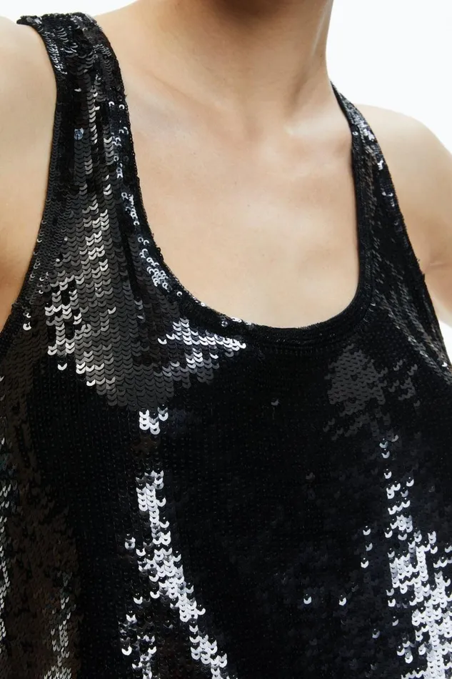 Alice Olivia Avril Sequin Boxy Tank Black Women Tops