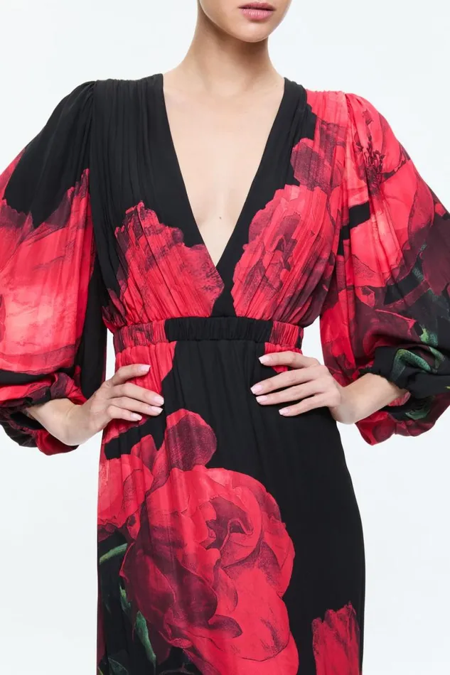 Alice Olivia Clarissa Maxi Dress Peony Petals Bright Ruby Women Dresses