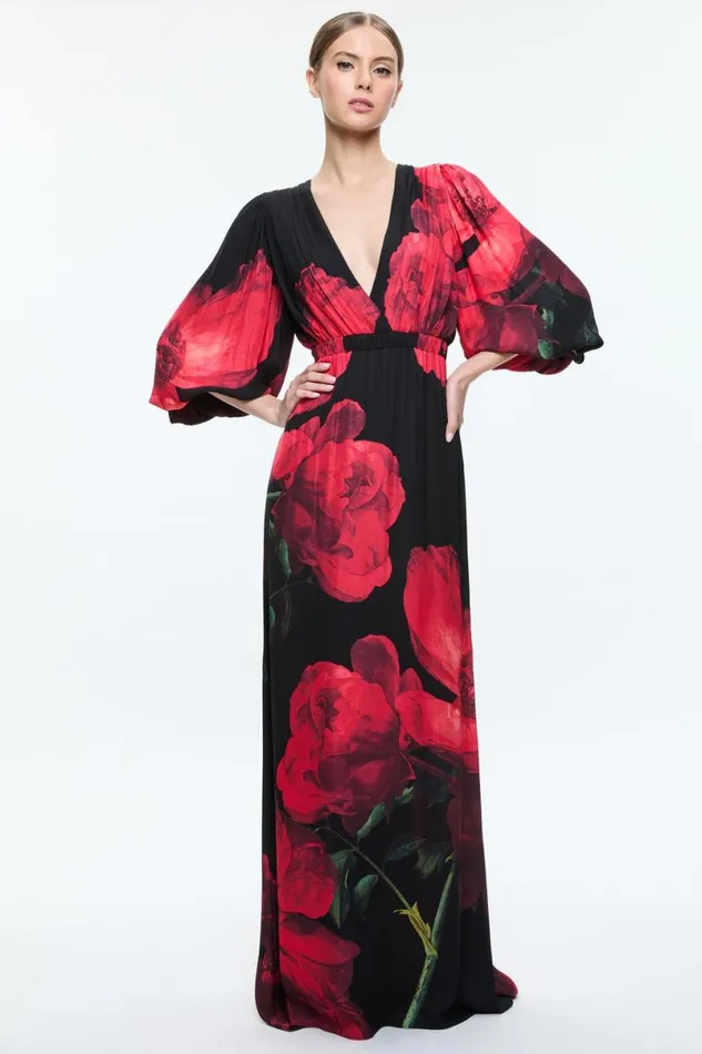 Alice Olivia Clarissa Maxi Dress Peony Petals Bright Ruby Women Dresses