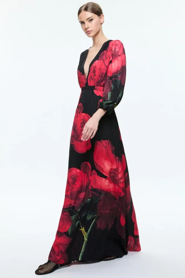 Alice Olivia Clarissa Maxi Dress Peony Petals Bright Ruby Women Dresses