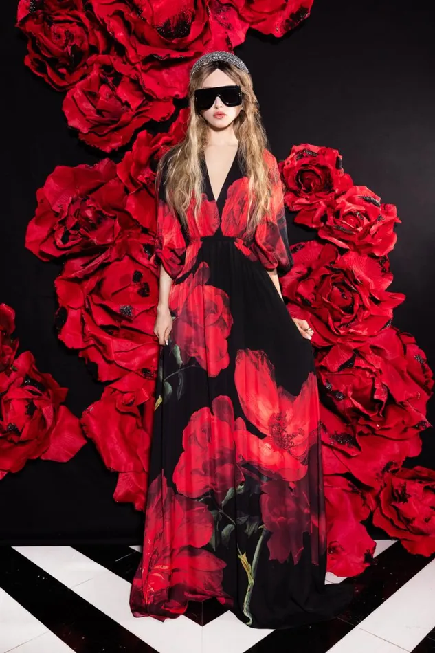 Alice Olivia Clarissa Maxi Dress Peony Petals Bright Ruby Women Dresses