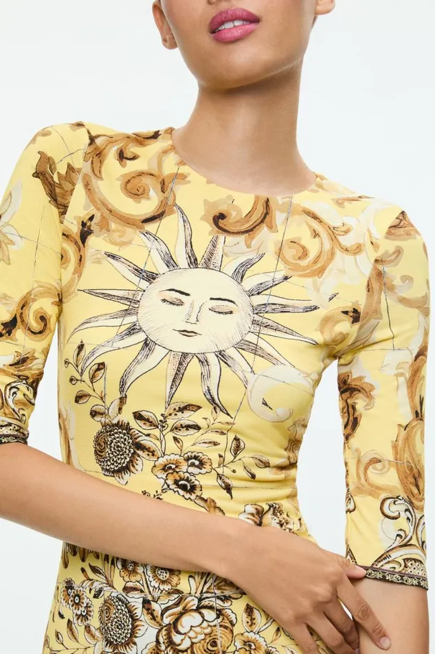 Alice Olivia Delora Crew Neck Fitted Mini Dress Lisboa Lemon Meringue Women Dresses