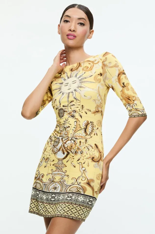 Alice Olivia Delora Crew Neck Fitted Mini Dress Lisboa Lemon Meringue Women Dresses