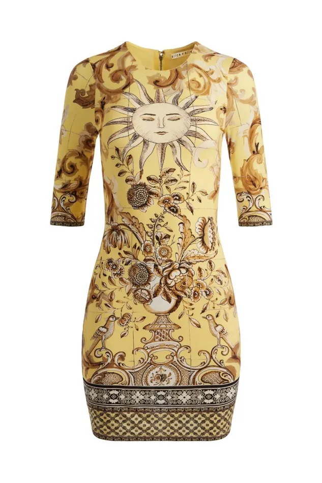 Alice Olivia Delora Crew Neck Fitted Mini Dress Lisboa Lemon Meringue Women Dresses