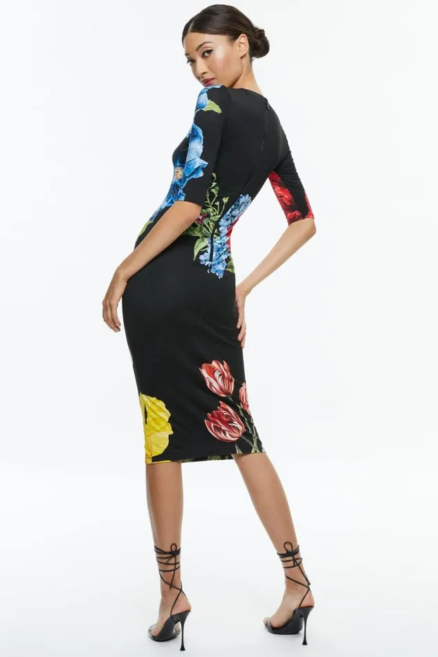 Alice Olivia Delora Crew Neck Midi Dress Le Parisien Black Women Dresses