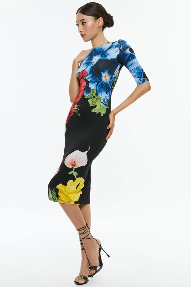 Alice Olivia Delora Crew Neck Midi Dress Le Parisien Black Women Dresses