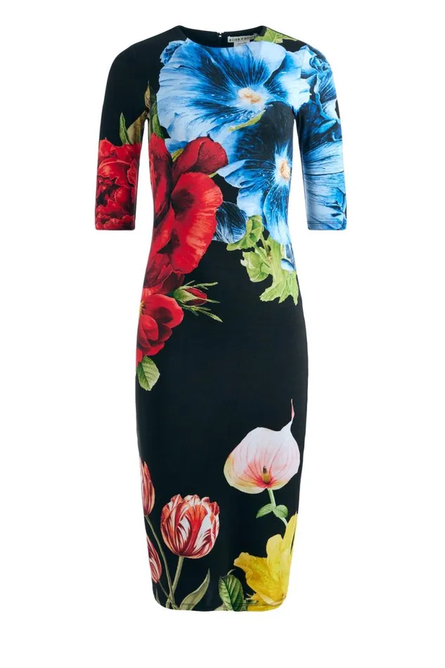 Alice Olivia Delora Crew Neck Midi Dress Le Parisien Black Women Dresses