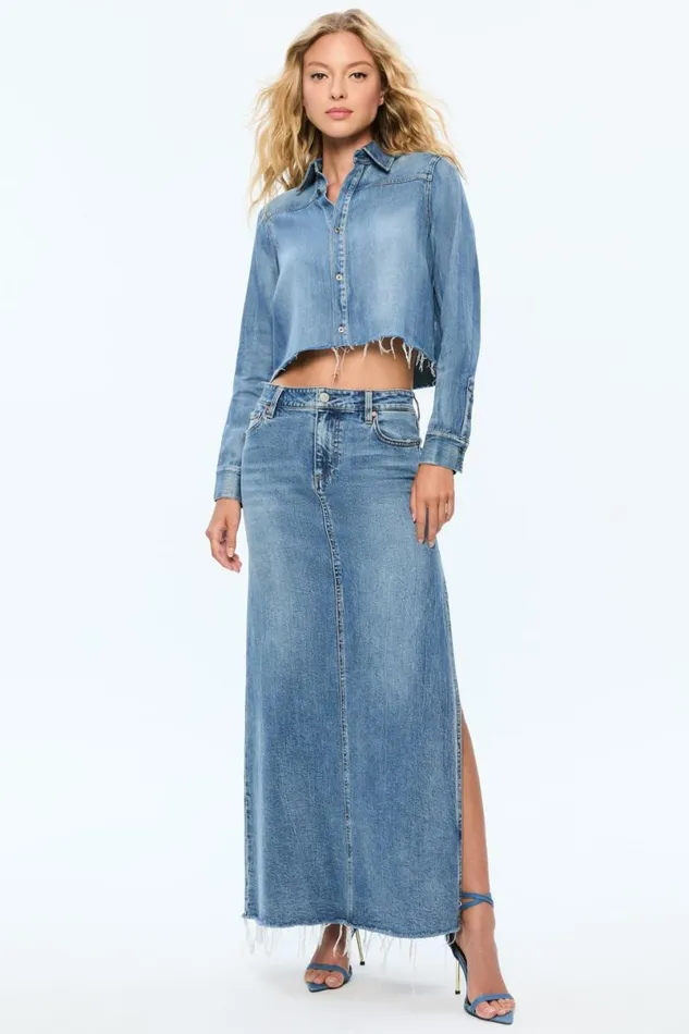 Alice Olivia Finely Short Raw Hem Button Down With Western Detail Brooklyn Blue Women Tops
