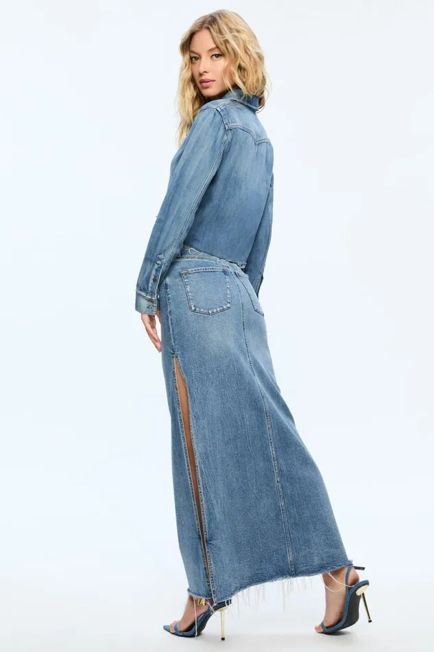 Alice Olivia Finely Short Raw Hem Button Down With Western Detail Brooklyn Blue Women Tops
