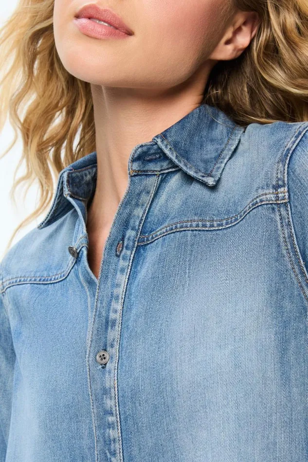 Alice Olivia Finely Short Raw Hem Button Down With Western Detail Brooklyn Blue Women Tops