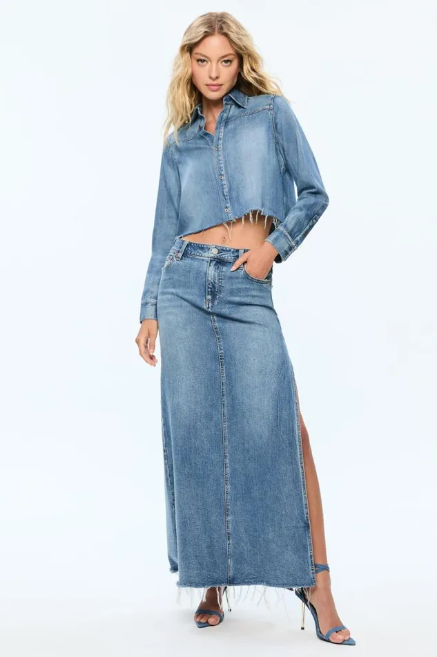 Alice Olivia Finely Short Raw Hem Button Down With Western Detail Brooklyn Blue Women Tops