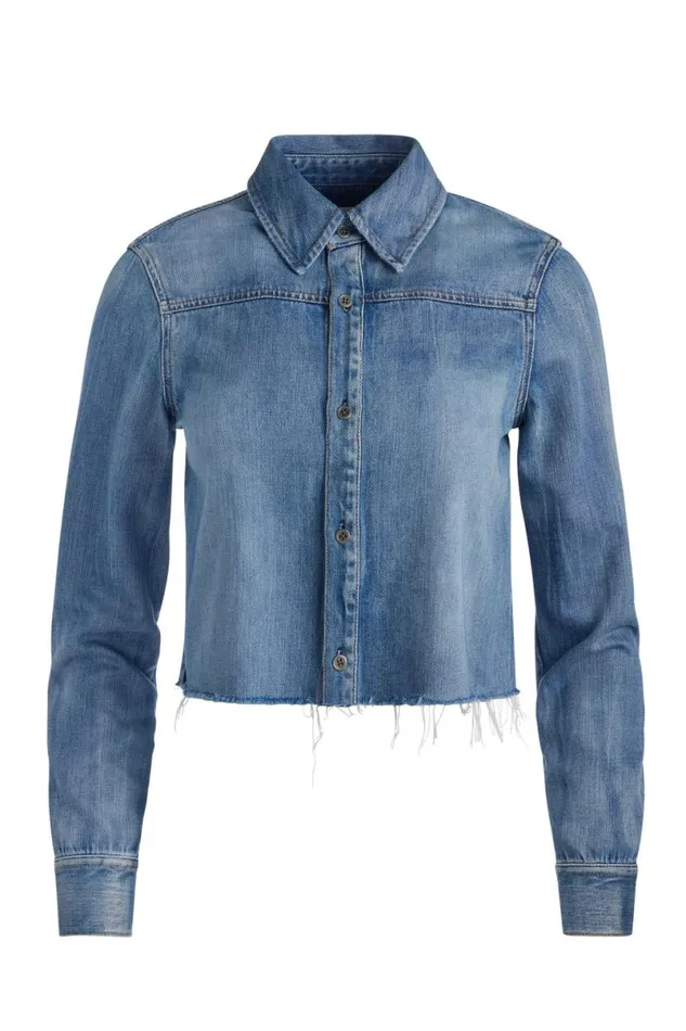 Alice Olivia Finely Short Raw Hem Button Down With Western Detail Brooklyn Blue Women Tops