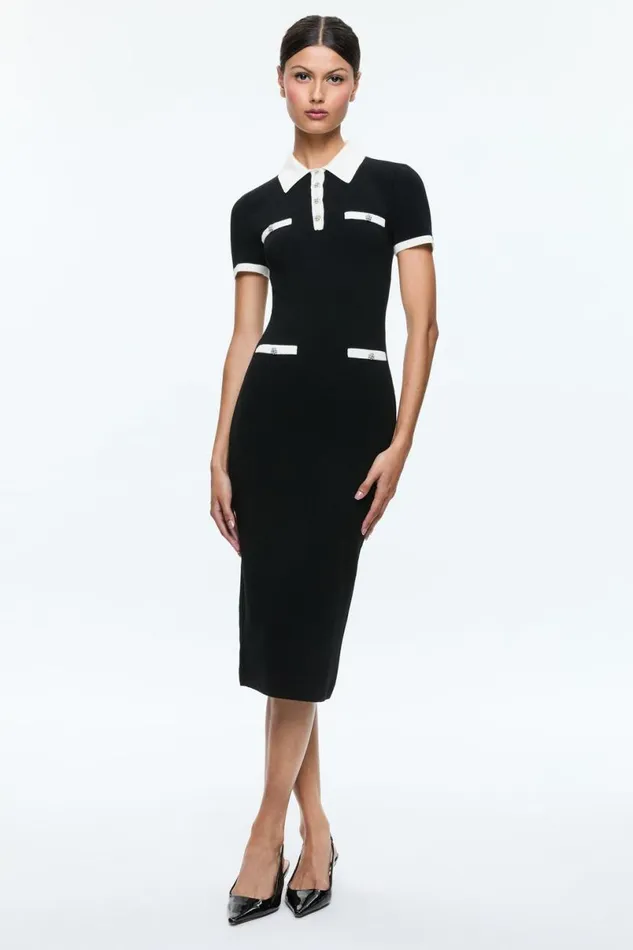 Alice Olivia Iris Midi Sweater Dress Blacksoft White Women Dresses