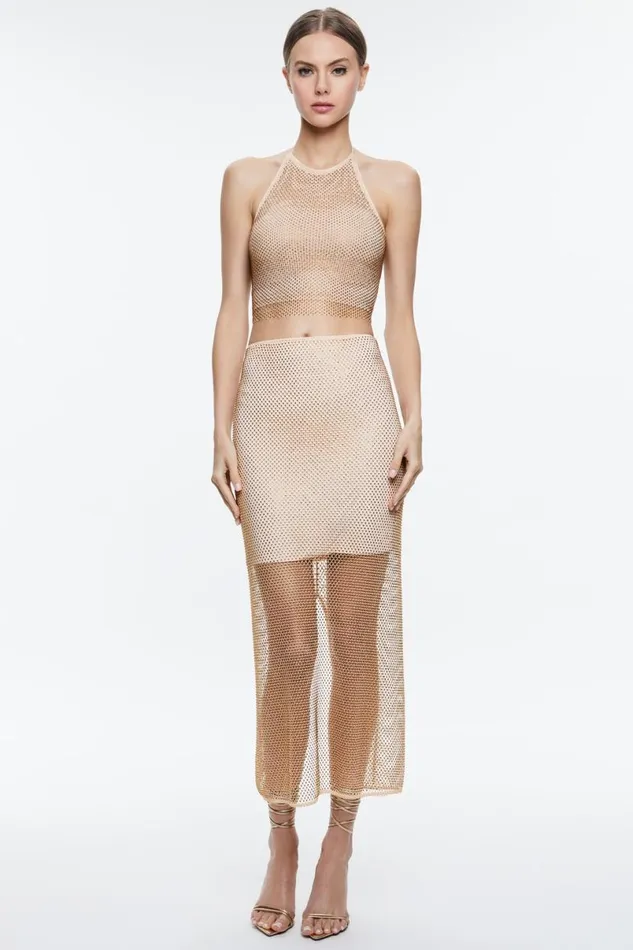 Alice Olivia Jaymee Embellished Tie Neck Cropped Halter Top Almondgold Women Tops