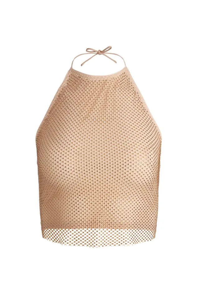 Alice Olivia Jaymee Embellished Tie Neck Cropped Halter Top Almondgold Women Tops