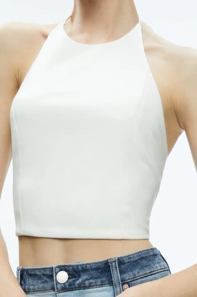 Alice Olivia Jaymee Vegan Leather Cropped Halter Top Off White Women Tops