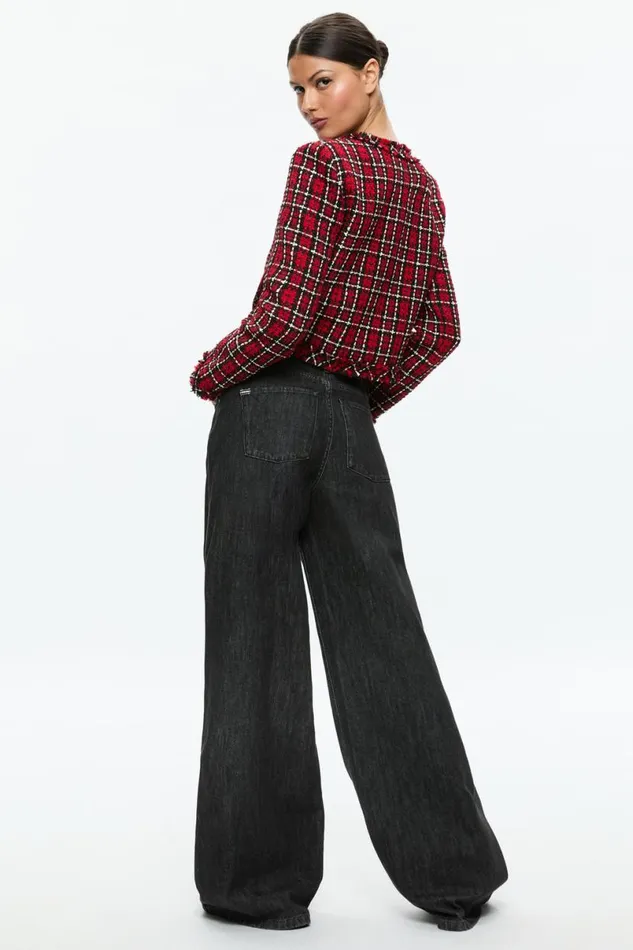 Alice Olivia Kidman Jacket Schoolgirl Plaid Bright Ruby Women Outerwear