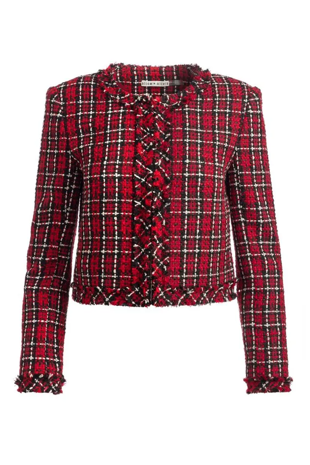 Alice Olivia Kidman Jacket Schoolgirl Plaid Bright Ruby Women Outerwear