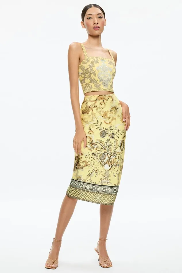 Alice Olivia Maeve Midi Slip Skirt With Slit Lisboa Lemon Meringue Women Skirts